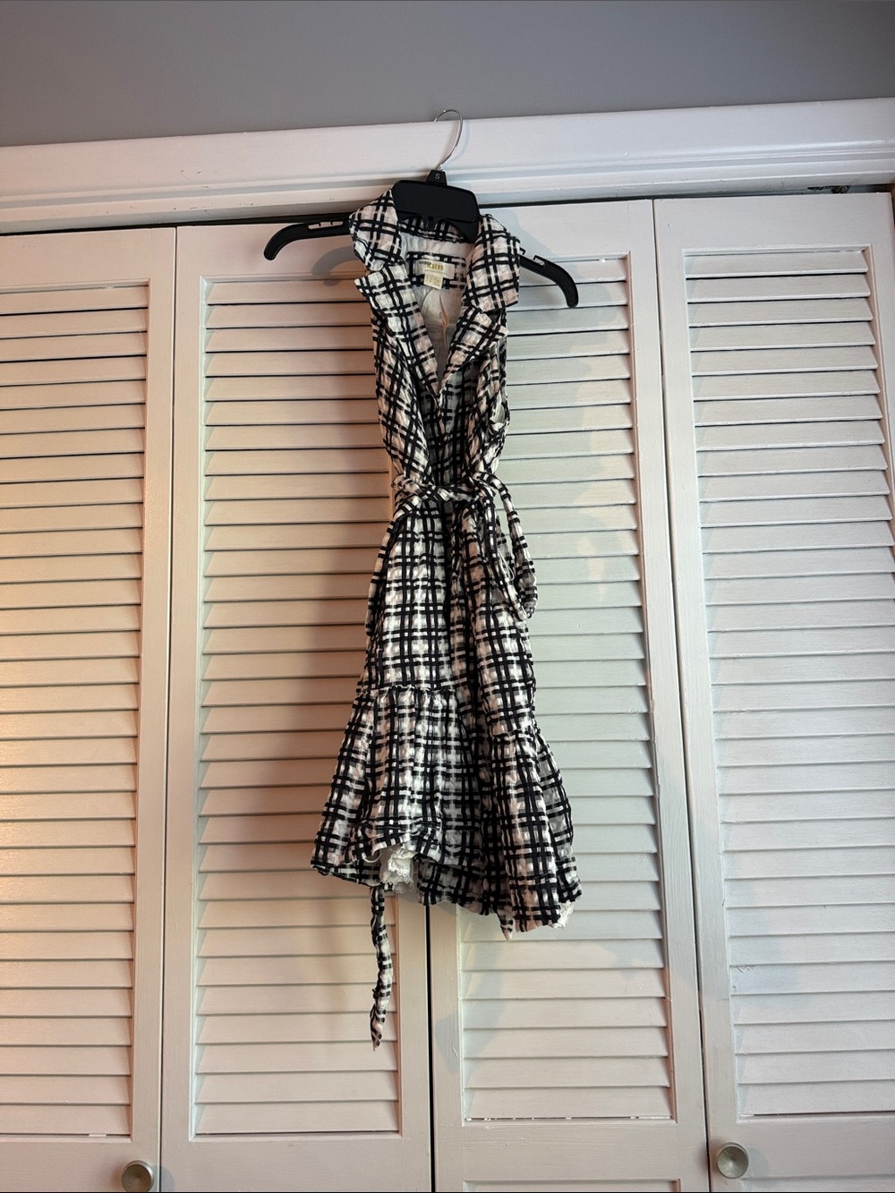 Anthropologie Black and White Plaid Tie-Waist Mini Dress